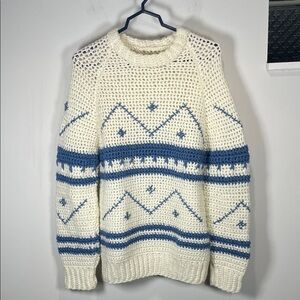Handmade Nordic Knit Sweater Blue Cream Chunky Cottagecore Fisherman L